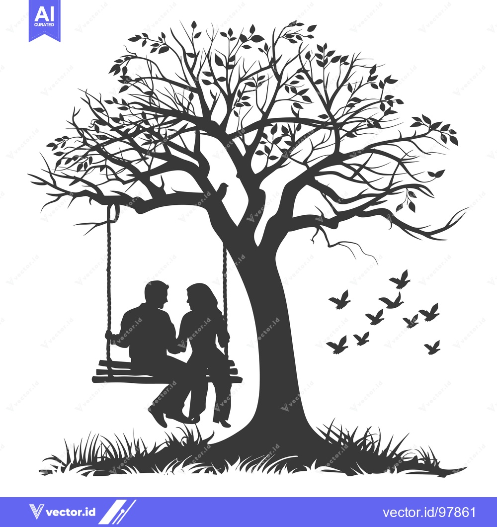 Premium Vector dari Silhouette of a Couple on a Swing Under a Tree with Flying Birds