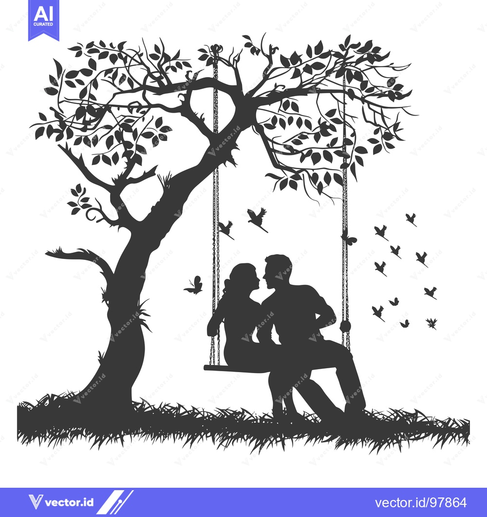 Premium Vector dari Silhouette of a Couple on a Swing Underneath a Tree