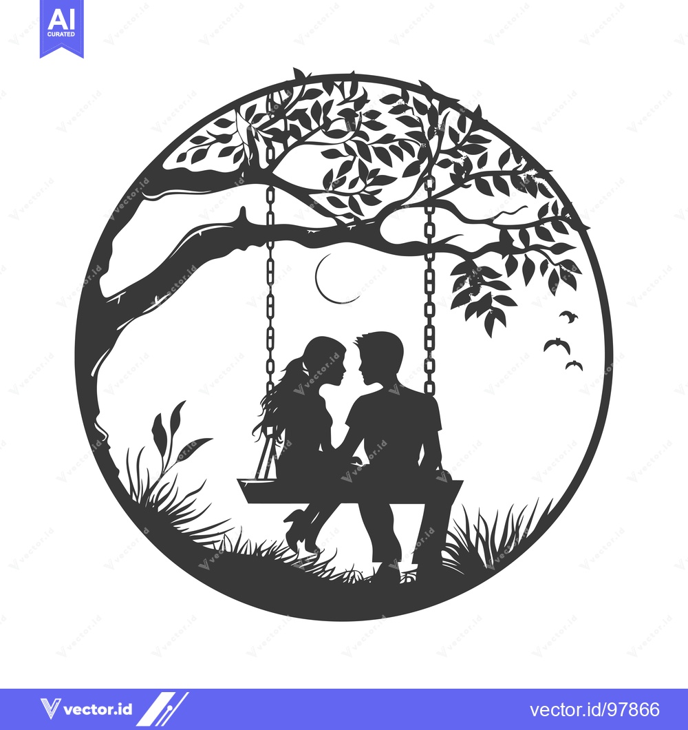 Premium Vector dari Silhouette of a Couple on a Swing Underneath a Tree with a Crescent Mo