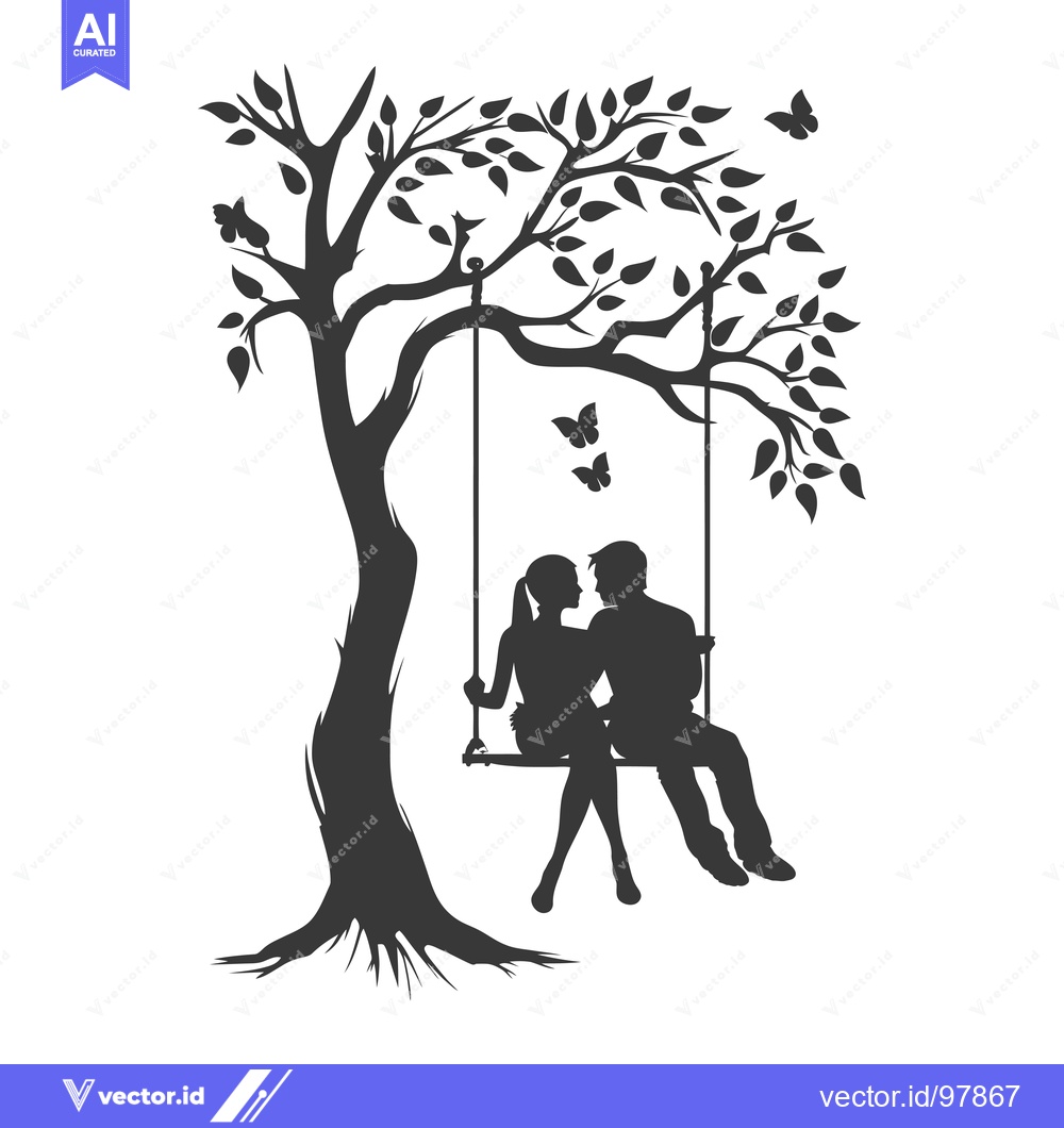 Premium Vector dari Silhouette of a Couple on a Swing Underneath a Tree with Butterflies