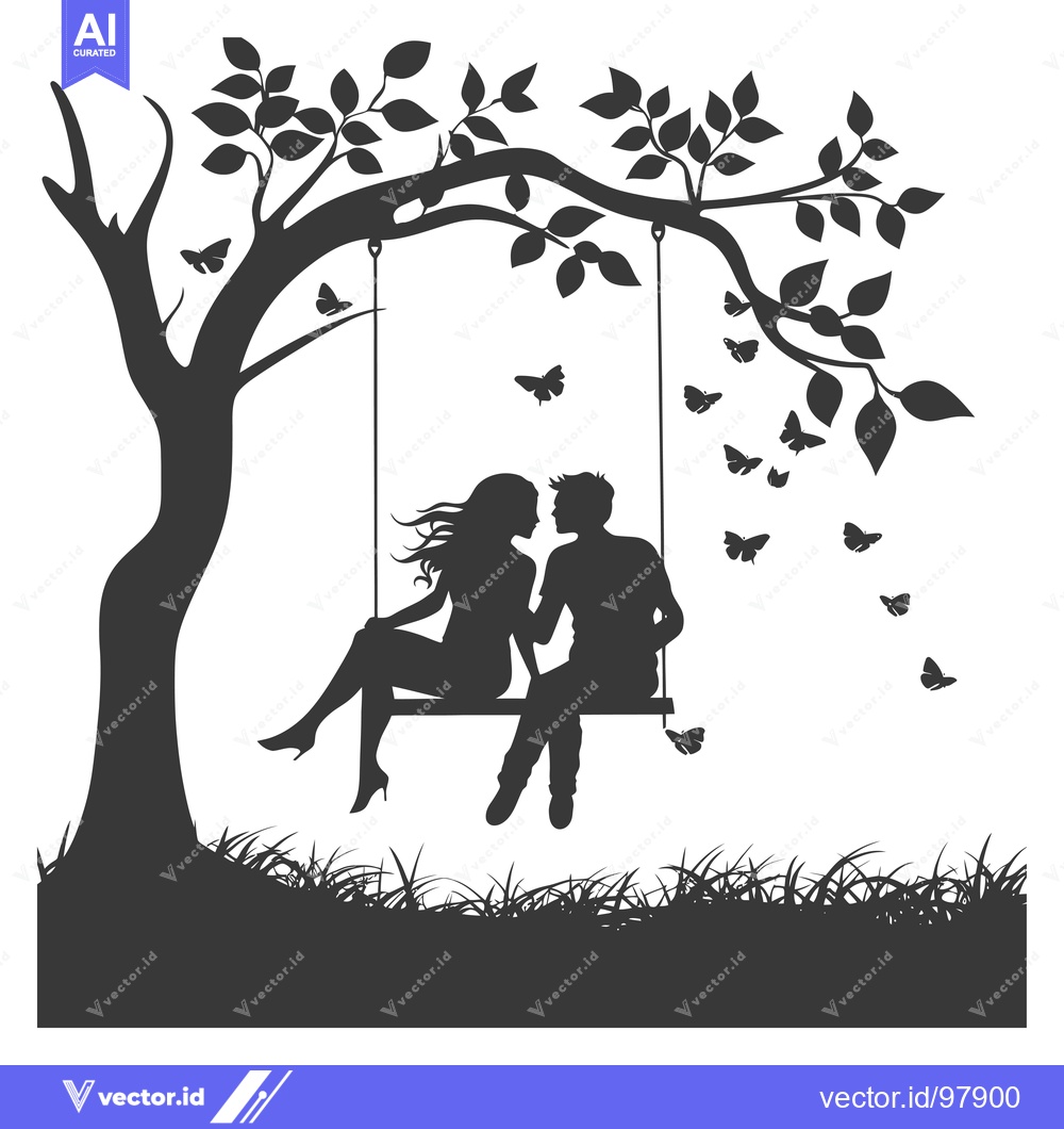 Premium Vector dari Silhouette of a couple sitting on a swing in a tree with butterflies f