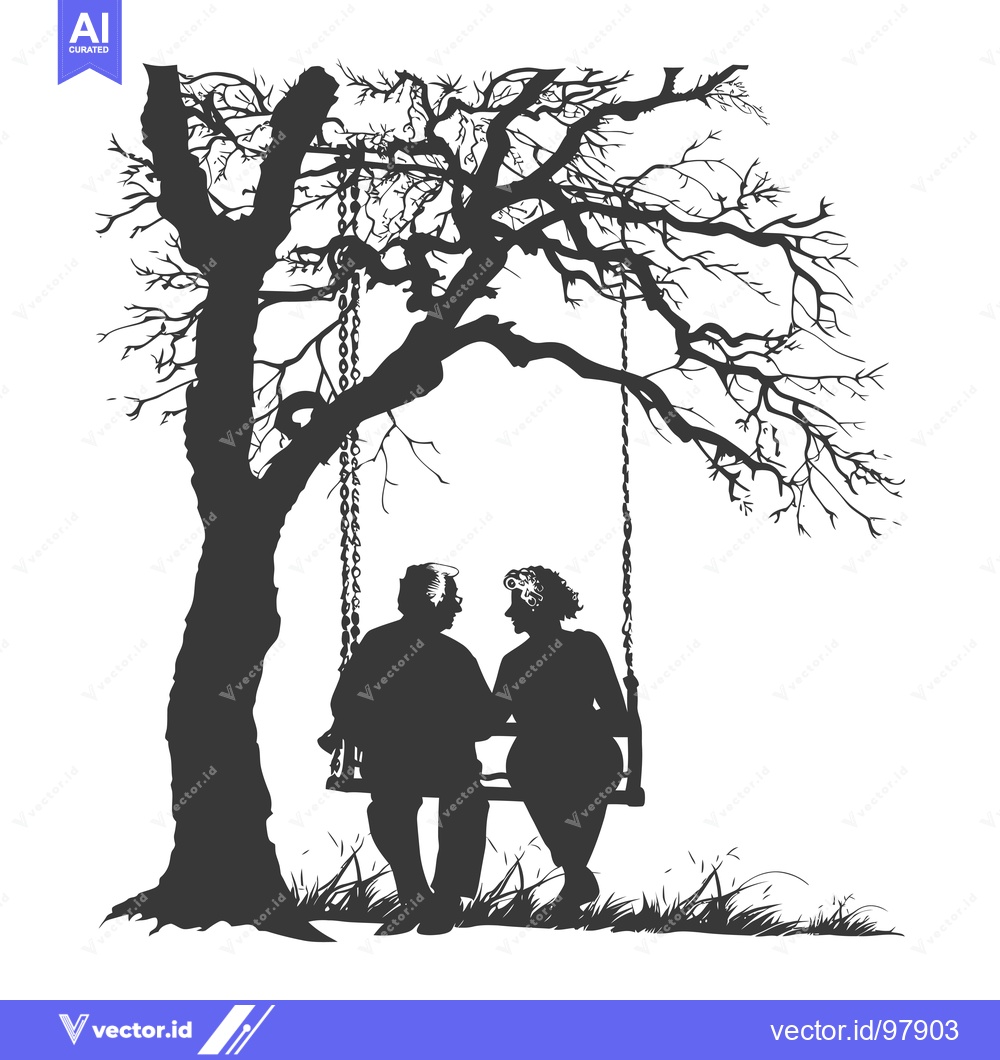 Premium Vector of Silhouette of a couple sitting on a swing under a bare tree