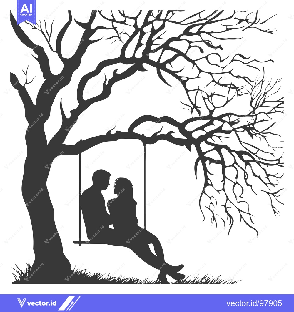 Premium Vector of Silhouette of a Couple Sitting on a Swing Under a Bare Tree