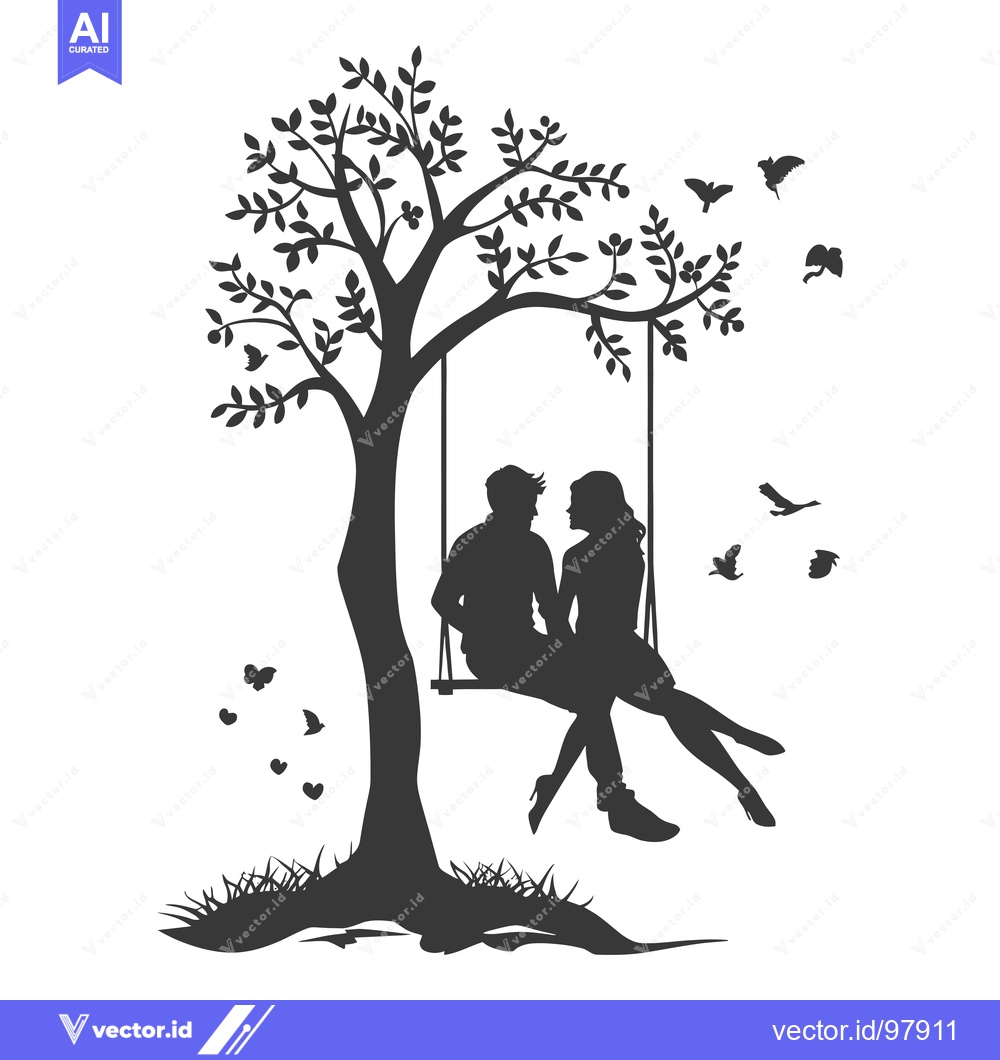 Premium Vector of Silhouette of a Couple Sitting on a Swing Under a Tree