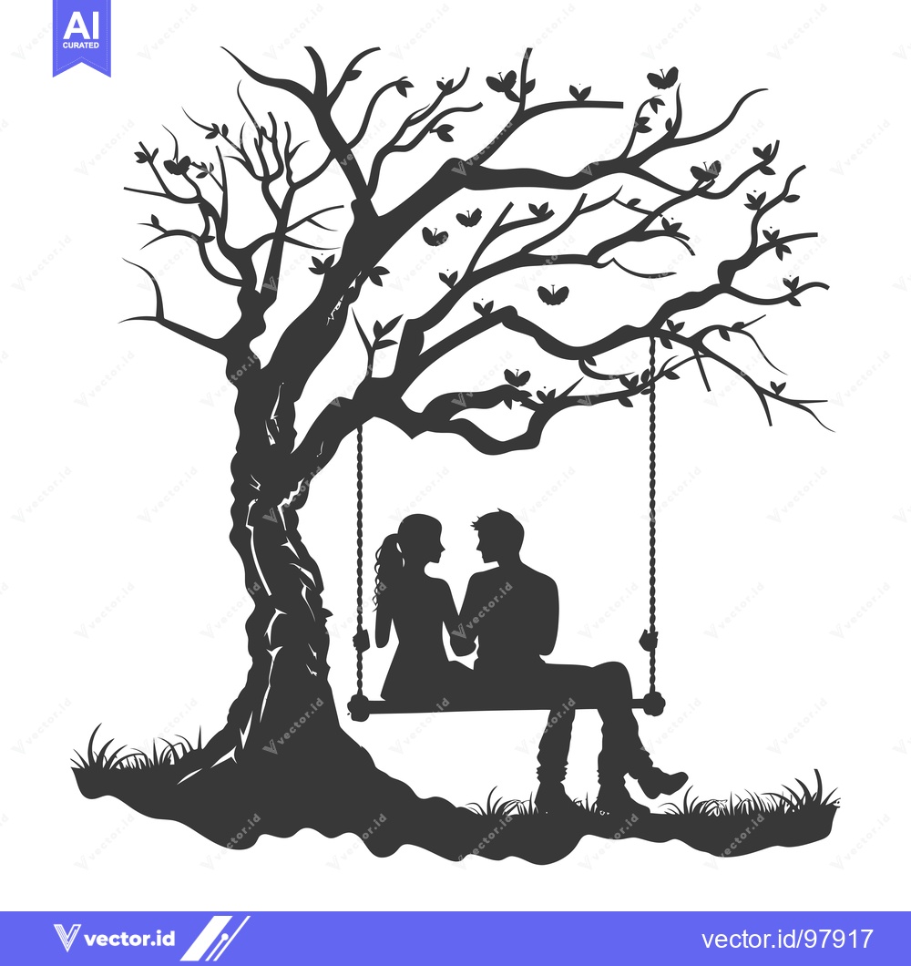 Premium Vector of Silhouette of a Couple Sitting on a Swing Under a Tree