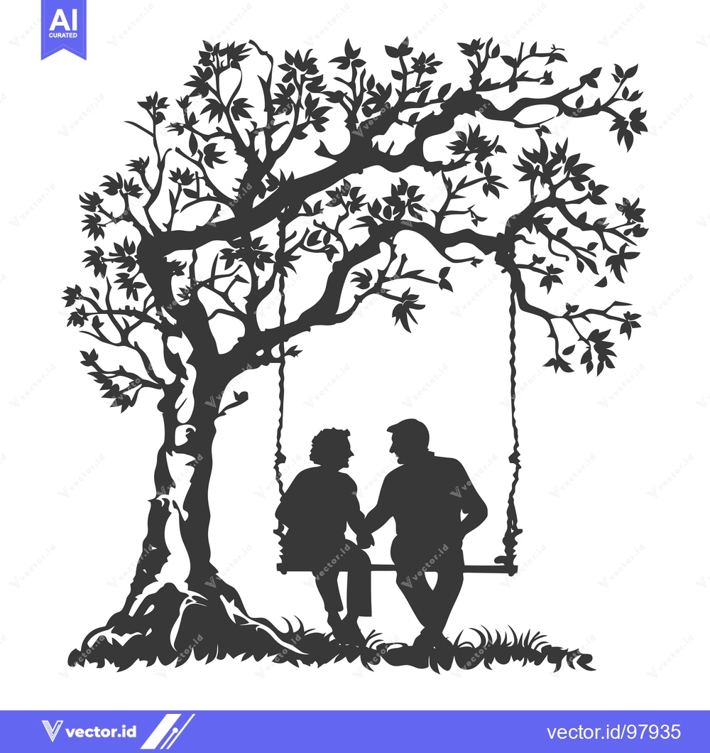 Premium Vector of Silhouette of a couple sitting on a swing under a tree