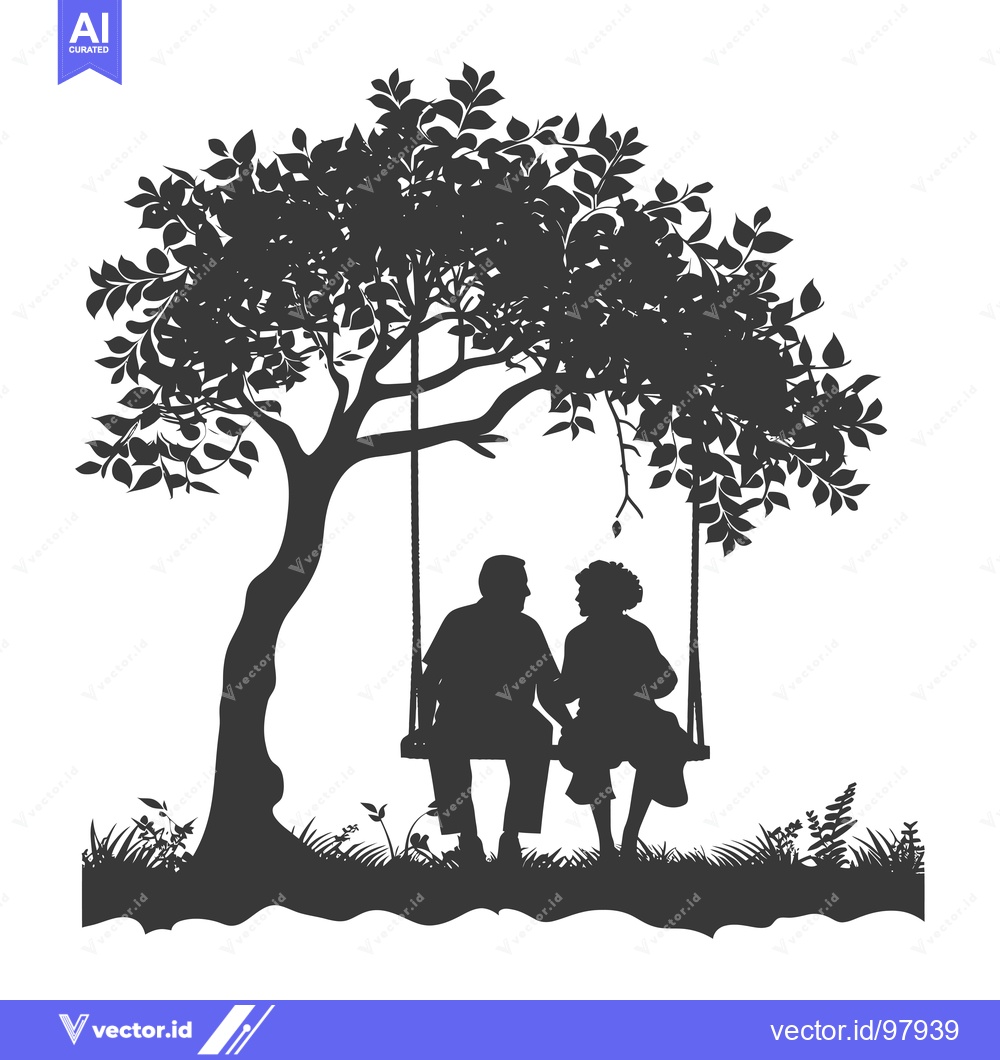 Premium Vector of Silhouette of a couple sitting on a swing under a tree