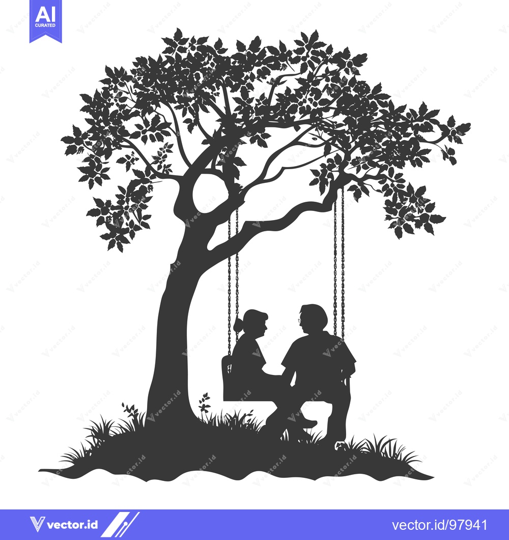 Premium Vector of Silhouette of a couple sitting on a swing under a tree