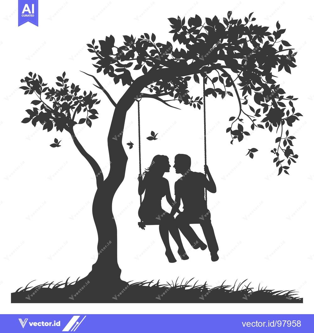 Premium Vector of Silhouette of a Couple Sitting on a Swing Under a Tree