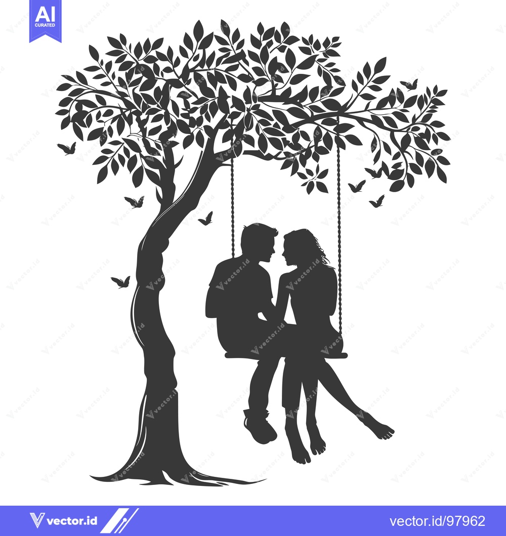 Premium Vector of Silhouette of a Couple Sitting on a Swing Under a Tree