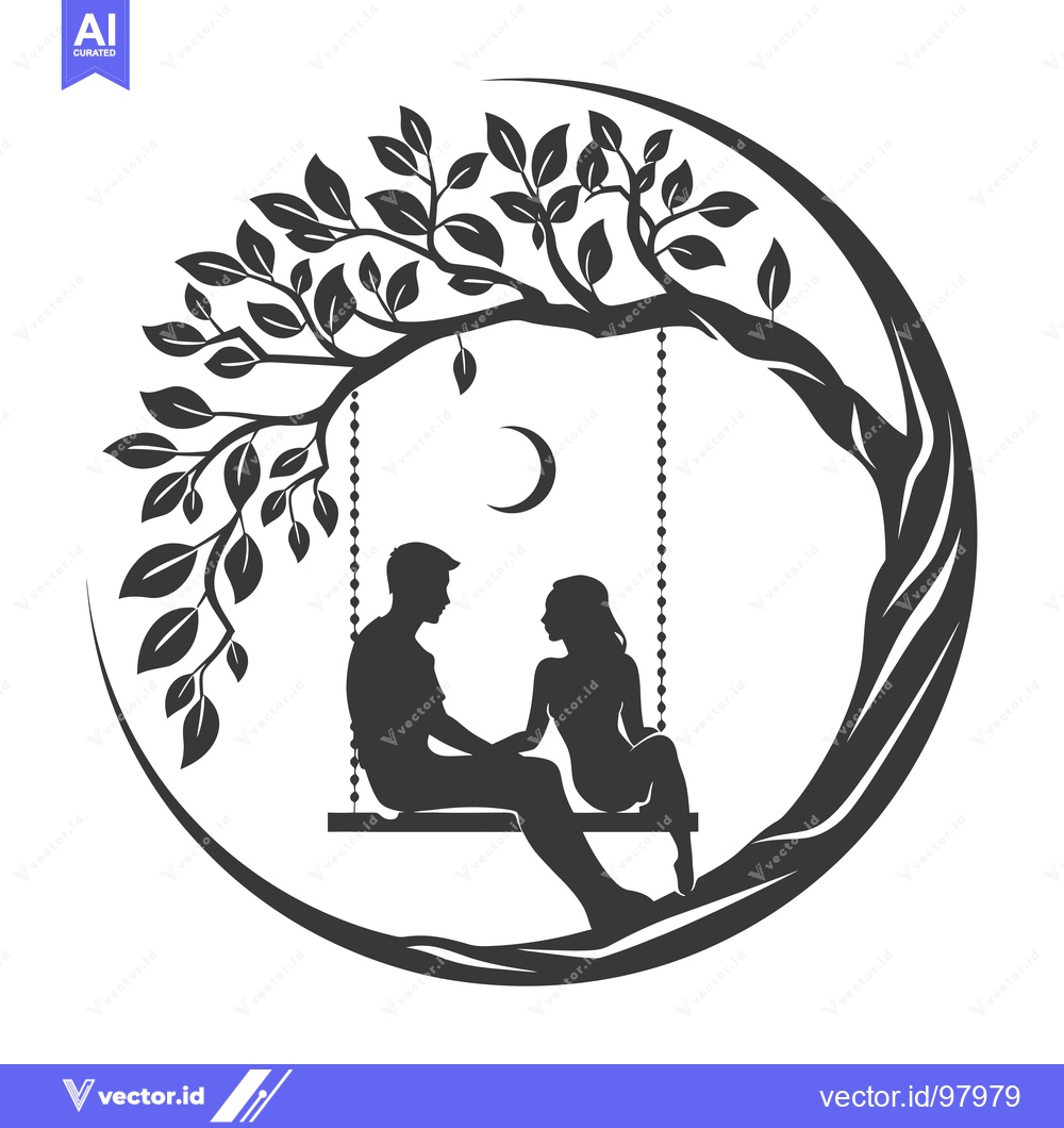 Premium Vector of Silhouette of a Couple Sitting on a Swing Under a Tree with a Crescent