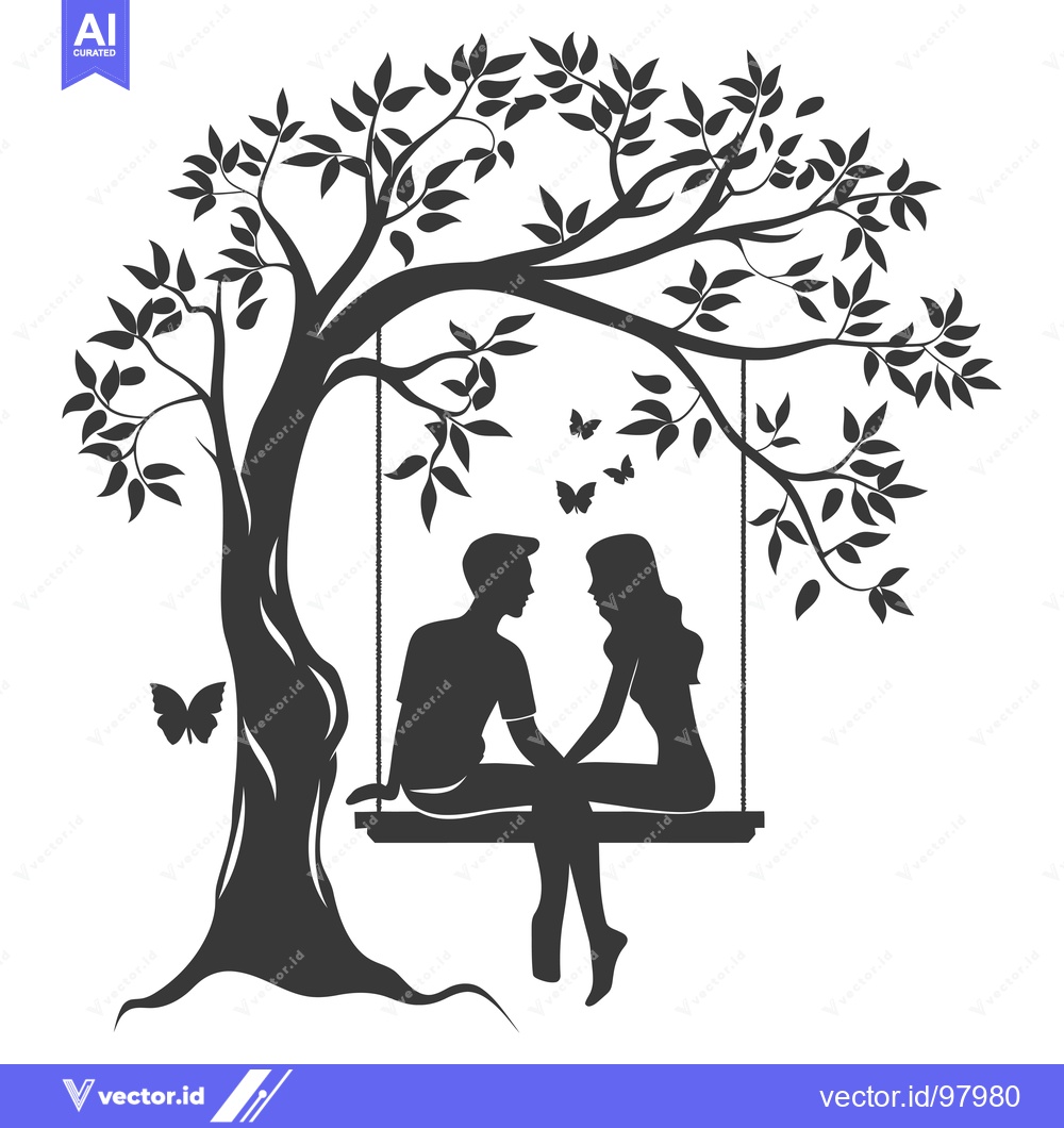 Premium Vector dari Silhouette of a Couple Sitting on a Swing Under a Tree with Butterflie