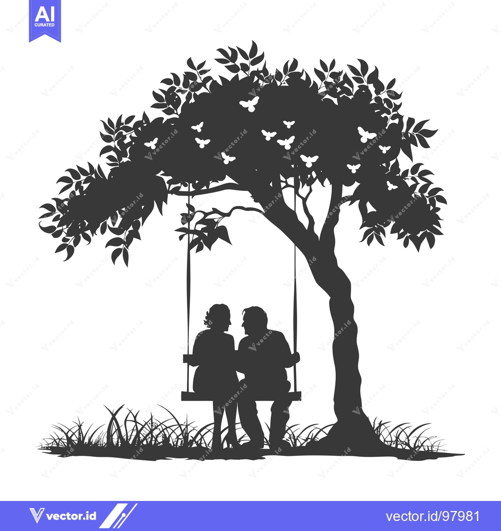 Premium Vector dari Silhouette of a Couple Sitting on a Swing Under a Tree with Butterflie