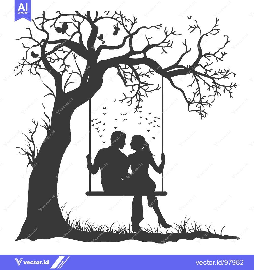 Premium Vector dari Silhouette of a Couple Sitting on a Swing Under a Tree with Butterflie