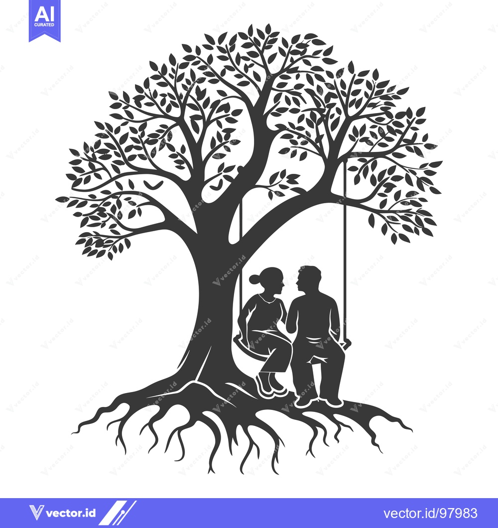 Premium Vector of Silhouette of a Couple Sitting on a Swing Under a Tree with Roots