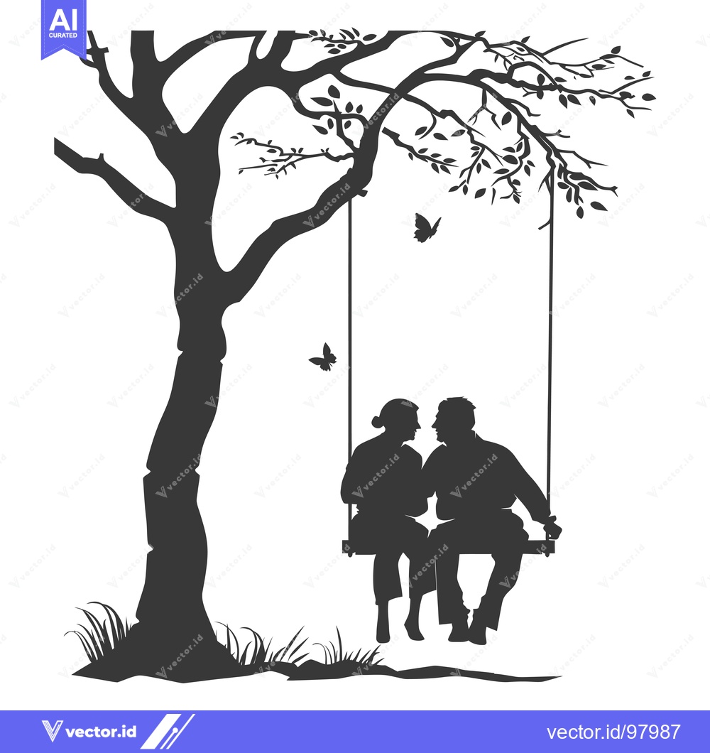 Premium Vector of Silhouette of a Couple Sitting on a Swing Underneath a Tree