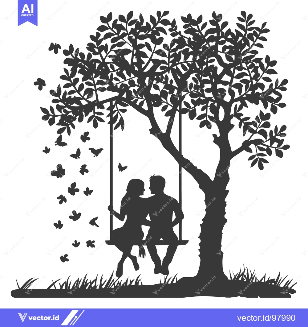 Premium Vector of Silhouette of a Couple Sitting on a Swing Underneath a Tree
