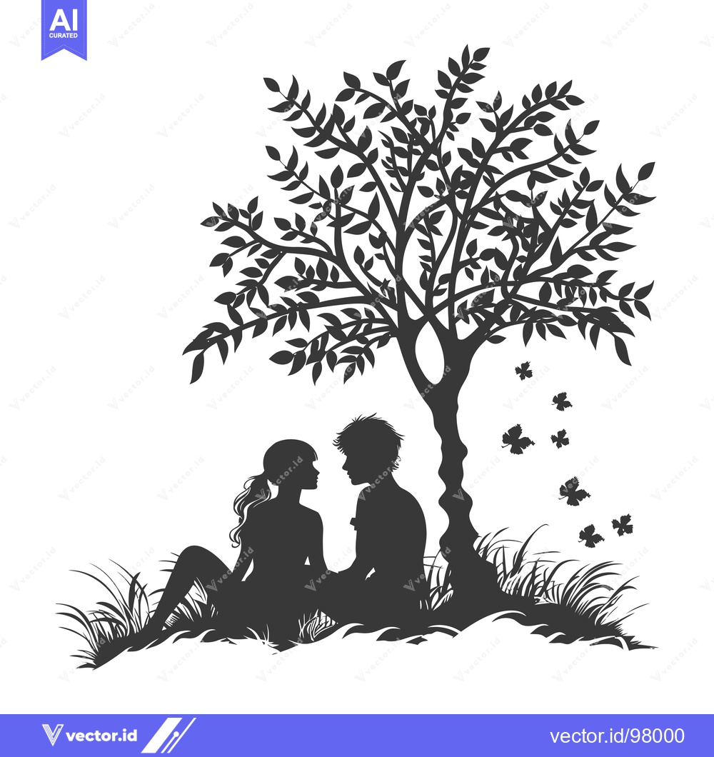 Premium Vector dari Silhouette of a Couple Sitting Under a Tree with Butterflies