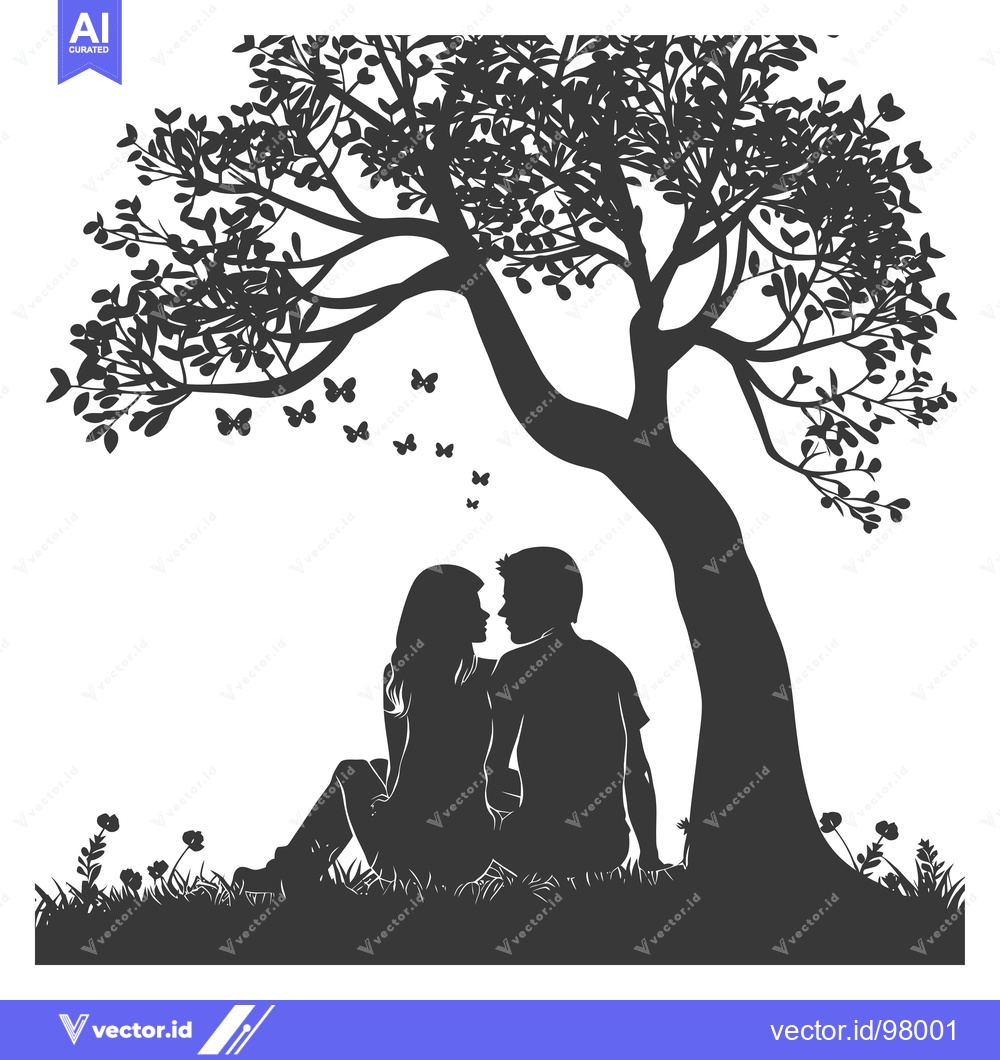 Premium Vector dari Silhouette of a Couple Sitting Under a Tree with Butterflies