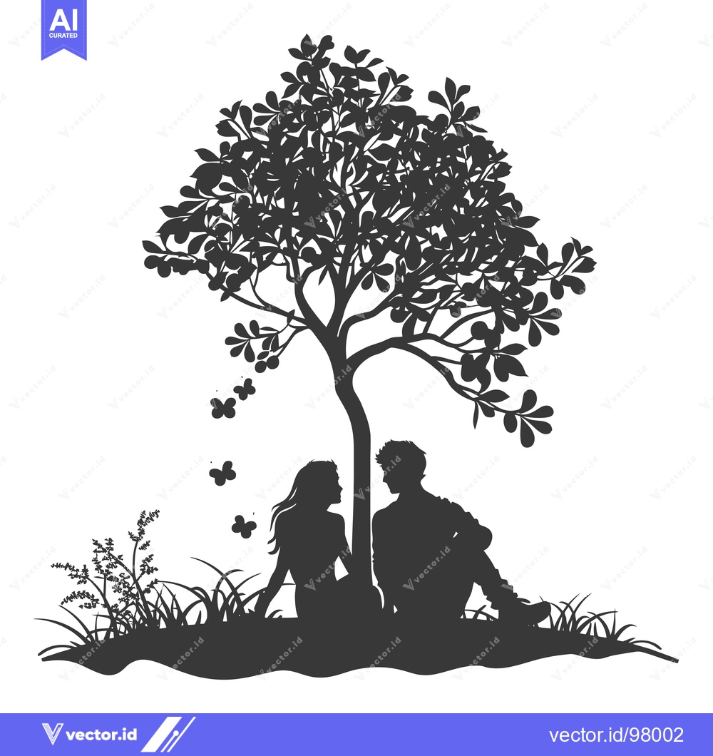 Premium Vector dari Silhouette of a Couple Sitting Under a Tree with Butterflies