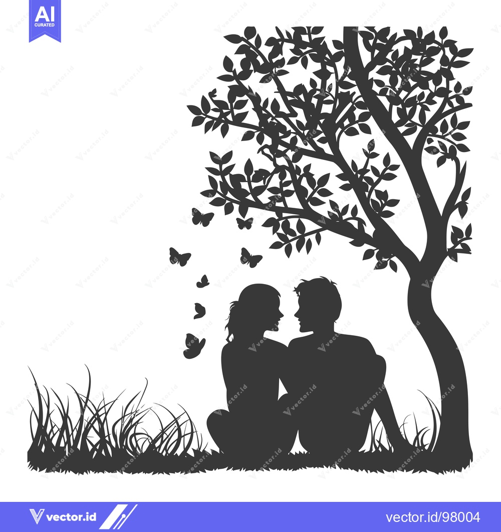 Premium Vector of Silhouette of a Couple Sitting Under a Tree with Butterflies