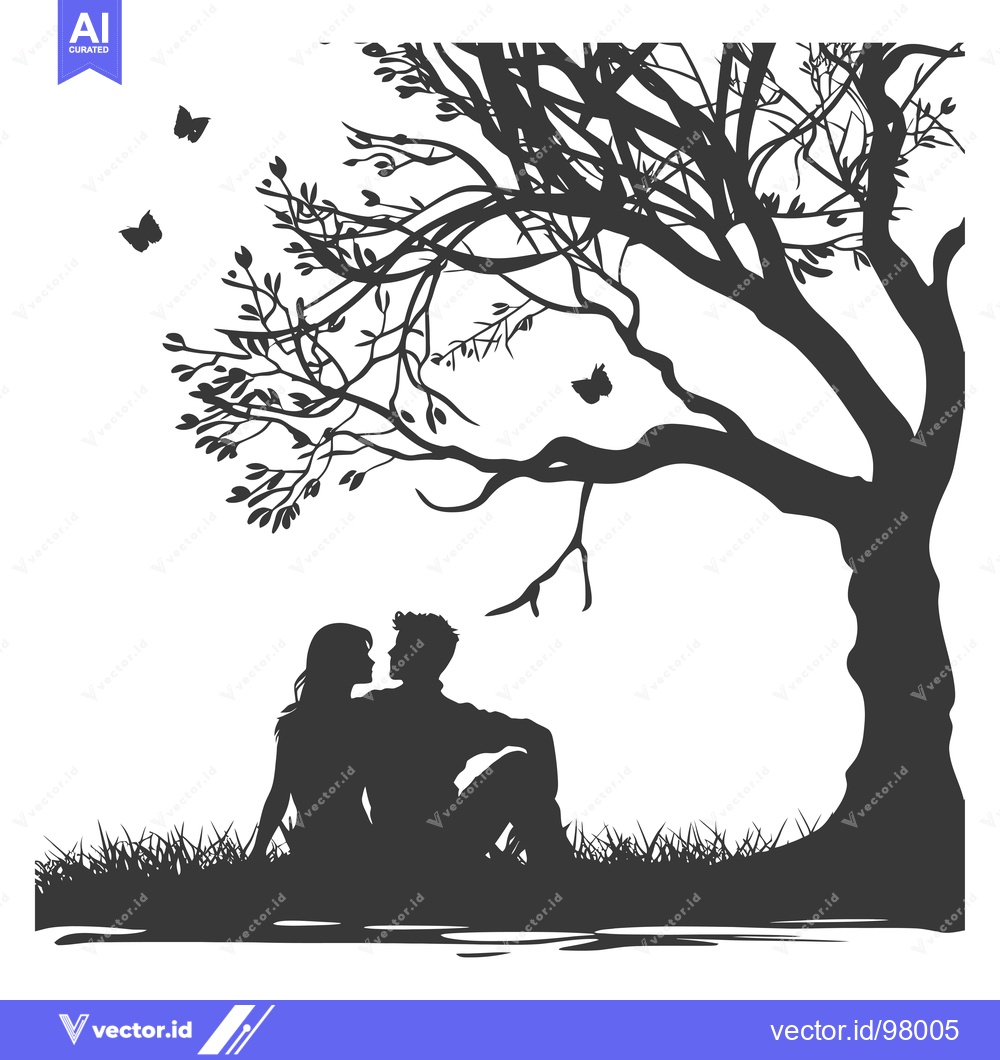 Premium Vector dari Silhouette of a couple sitting under a tree with butterflies