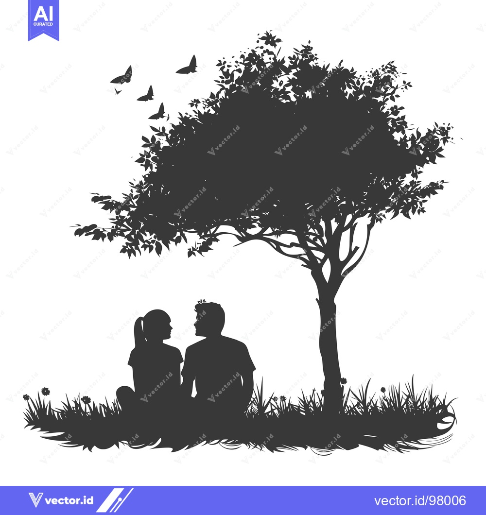 Premium Vector of Silhouette of a Couple Sitting Under a Tree with Butterflies Flying Ab