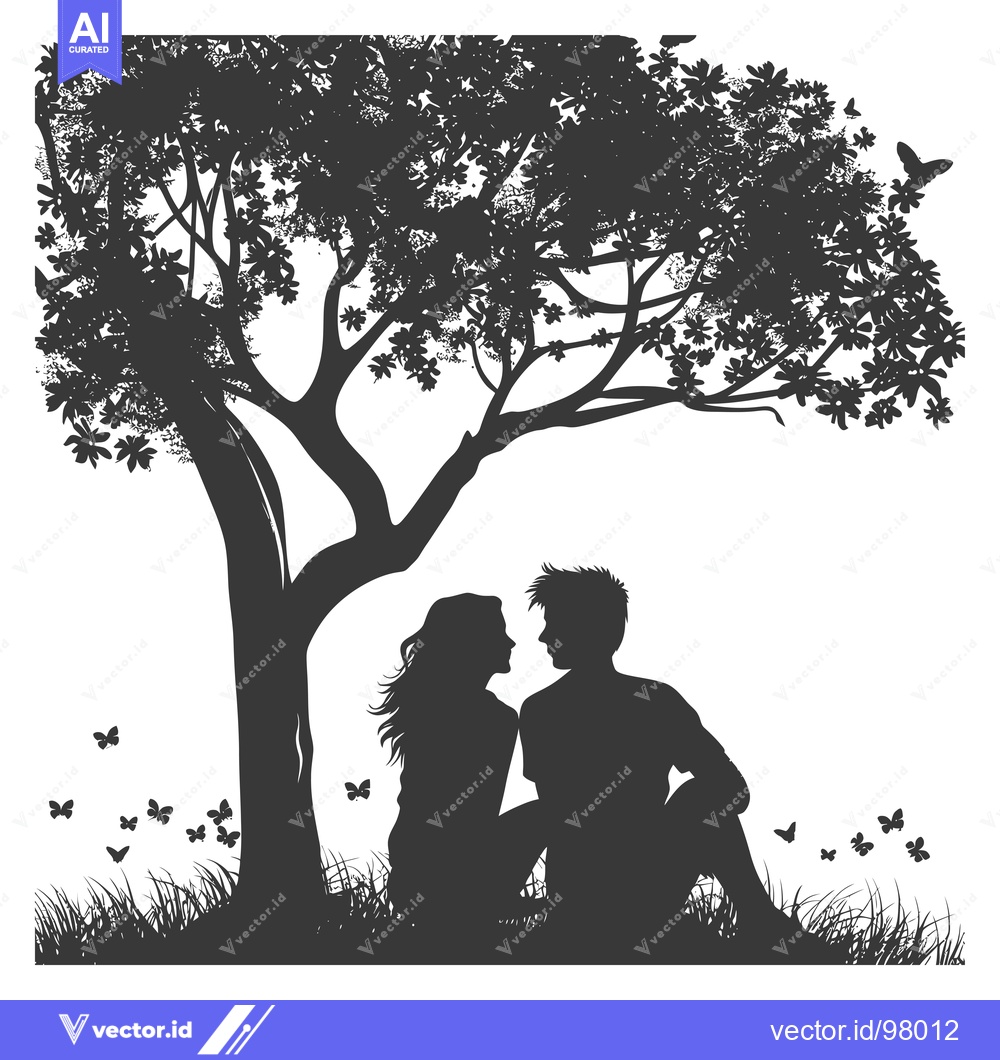 Premium Vector of Silhouette of a Couple Under a Tree with Butterflies