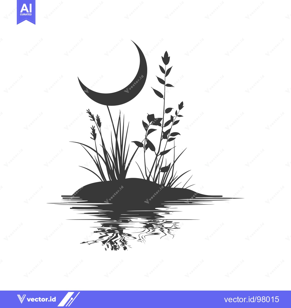 Premium Vector dari Silhouette of a Crescent Moon and Grass on a Small Island with Reflect