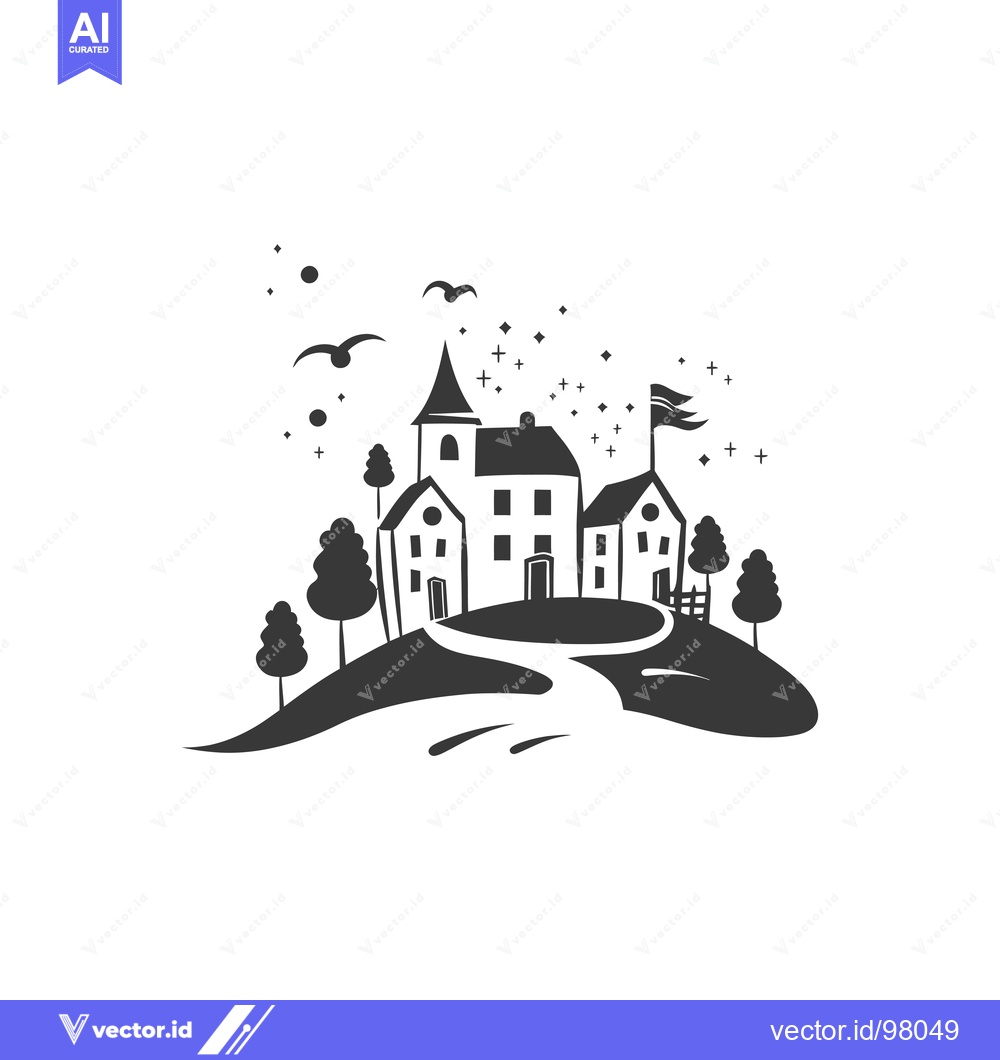 Premium Vector dari Silhouette of a fairytale village with a winding path and starry sky