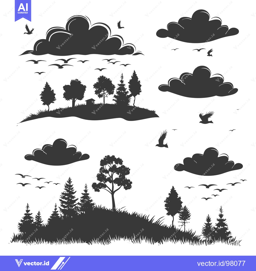 Premium Vector dari Silhouette of a Forest Landscape with Birds and Clouds