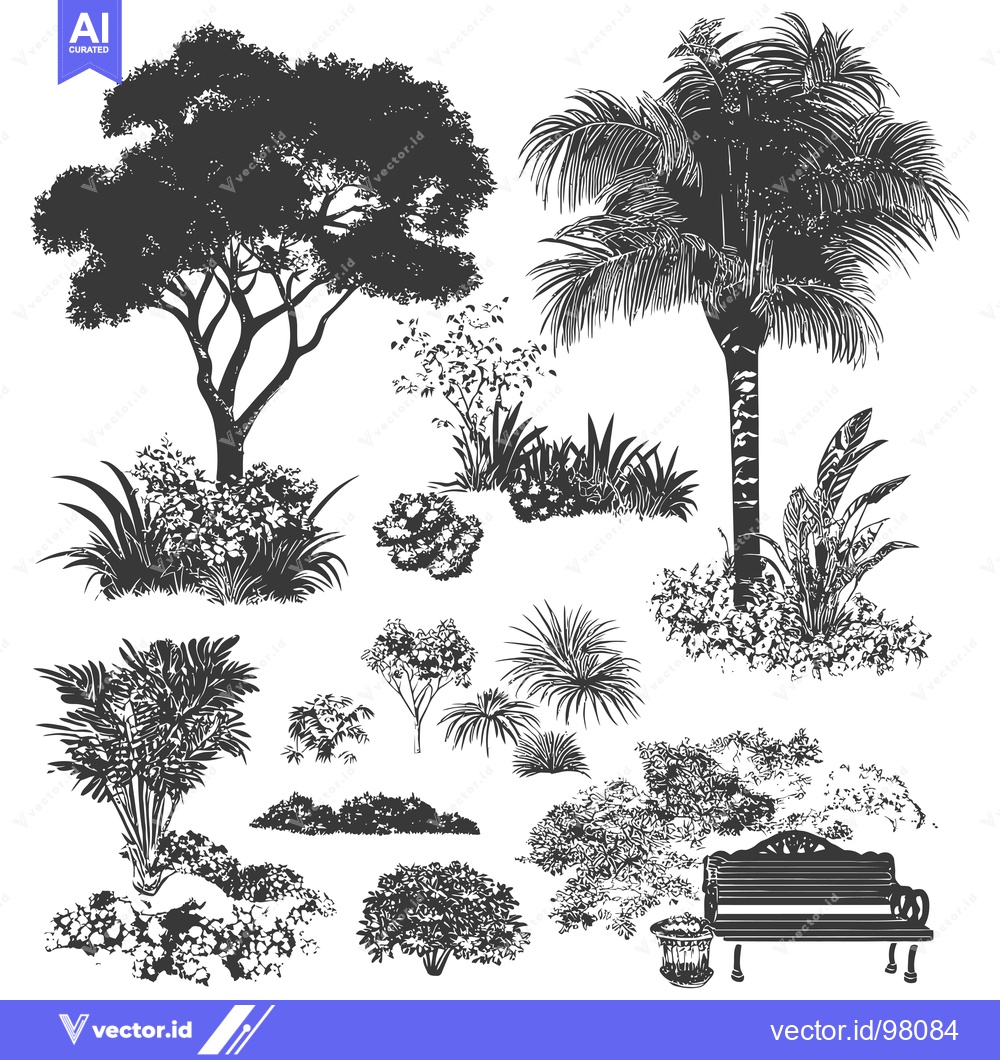 Premium Vector of Silhouette of a Garden with a Bench and Various Trees and Bushes