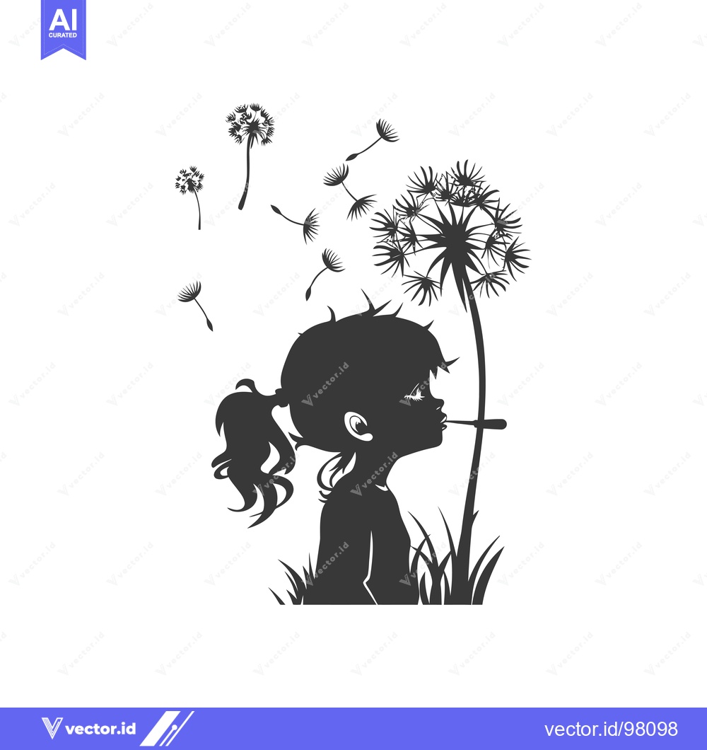 Premium Vector dari Silhouette of a Girl Blowing on a Dandelion