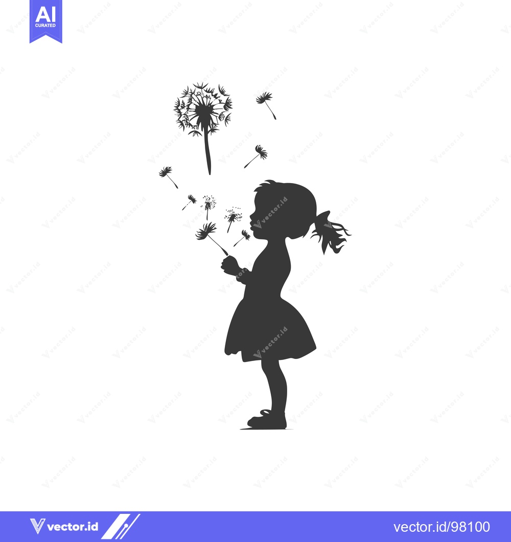 Premium Vector dari Silhouette of a Girl Blowing on a Dandelion with Seeds Flying Away