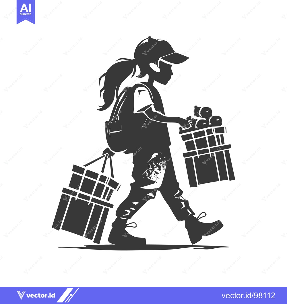 Premium Vector dari Silhouette of a girl carrying two wooden crates of fruit