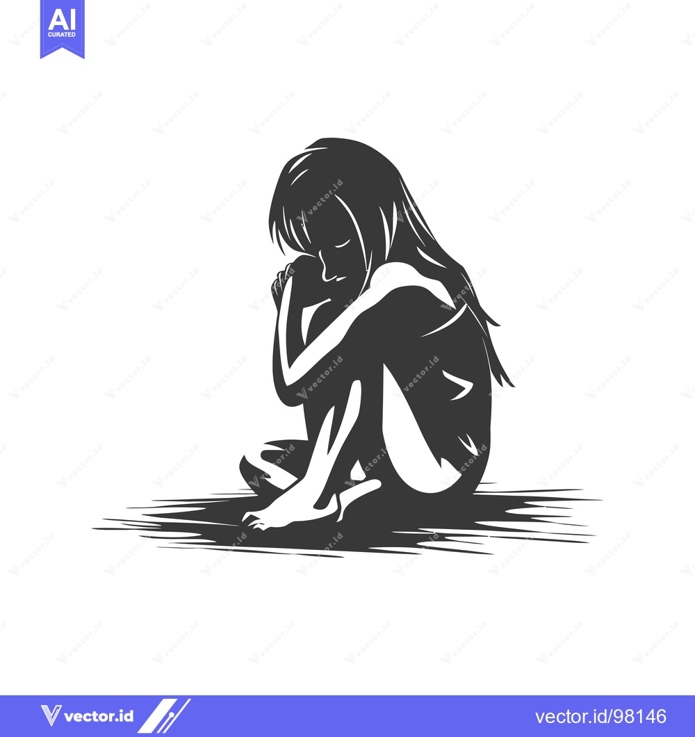 Premium Vector dari Silhouette of a Girl Sitting Alone, Arms Around Her Knees