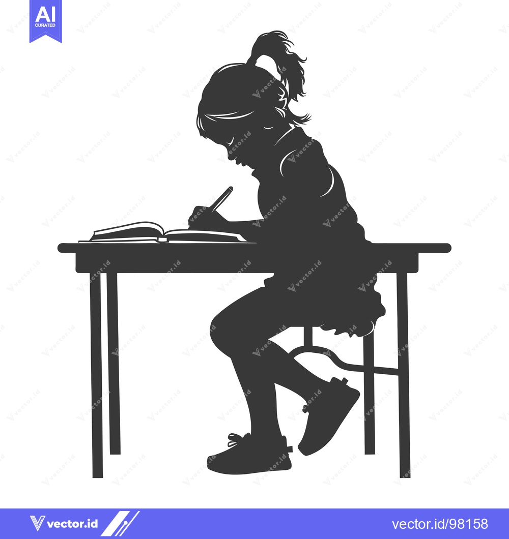 Premium Vector of Silhouette of a girl sitting at a desk writing in a book