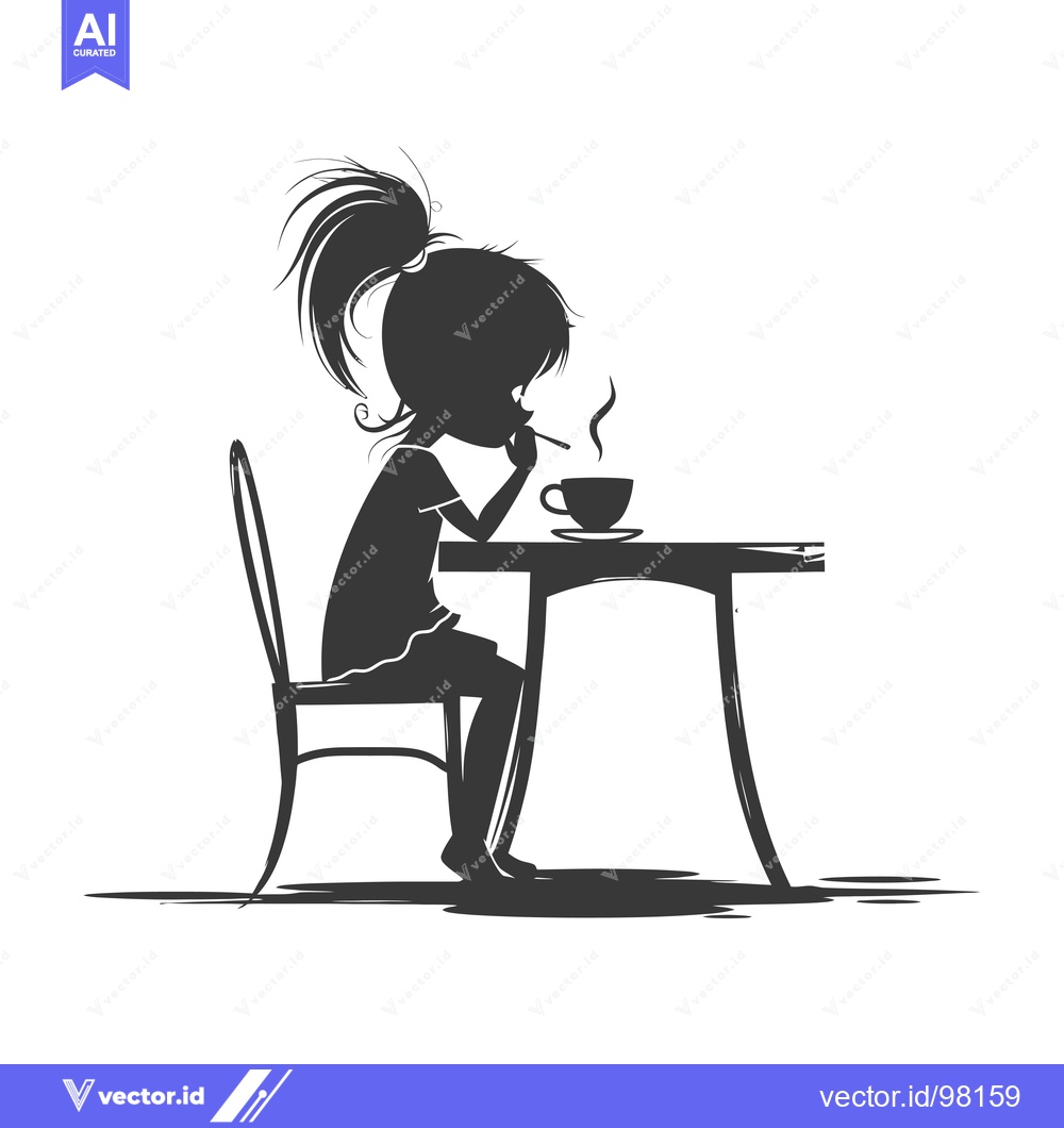 Premium Vector of Silhouette of a Girl Sitting at a Table Drinking from a Cup