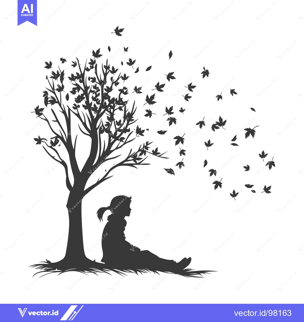 Premium Vector dari Silhouette of a Girl Sitting Beneath a Tree with Falling Leaves