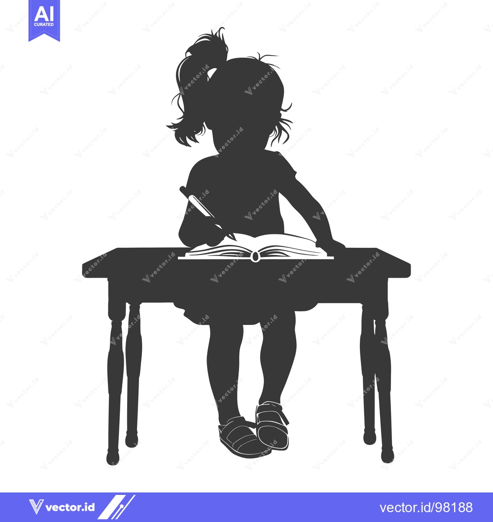 Premium Vector dari Silhouette of a Girl Studying at a Desk with a Book and Pencil