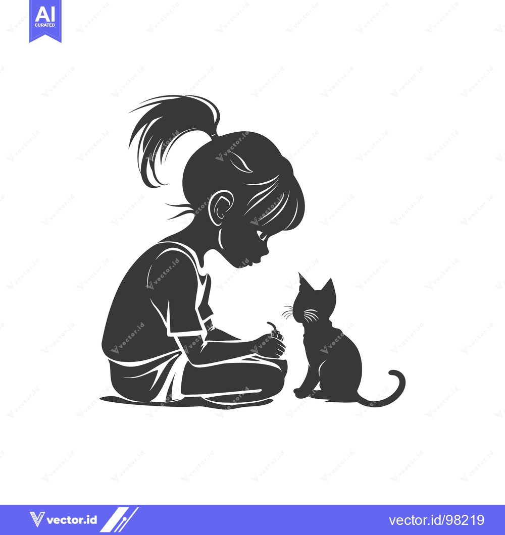 Premium Vector of Silhouette of a girl with her cat, both seated, facing each other.