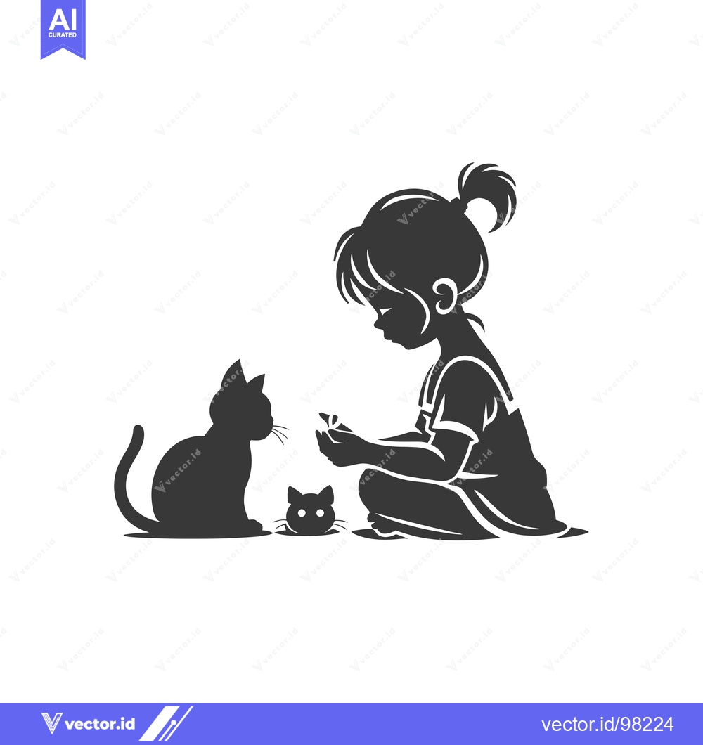 Premium Vector of Silhouette of a girl with two cats, one sitting and one looking at her