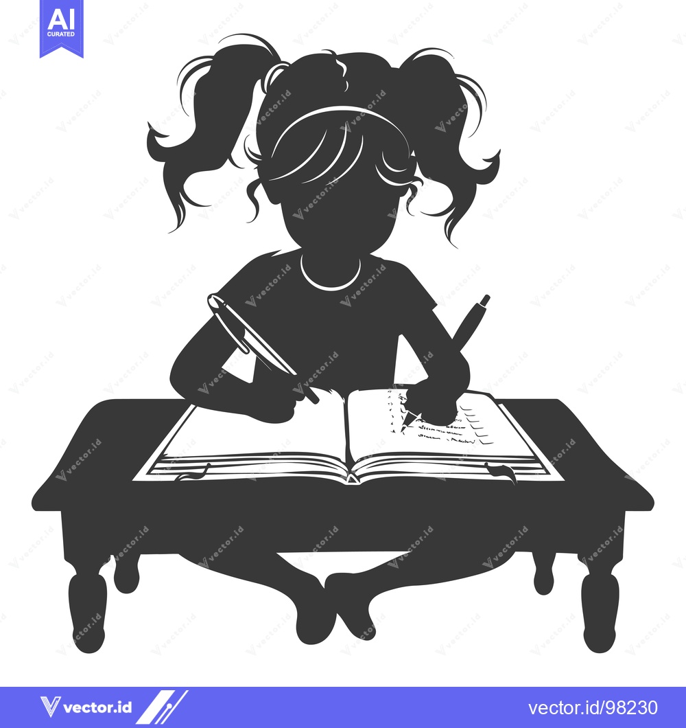Premium Vector dari Silhouette of a Girl Writing in a Book at a Desk