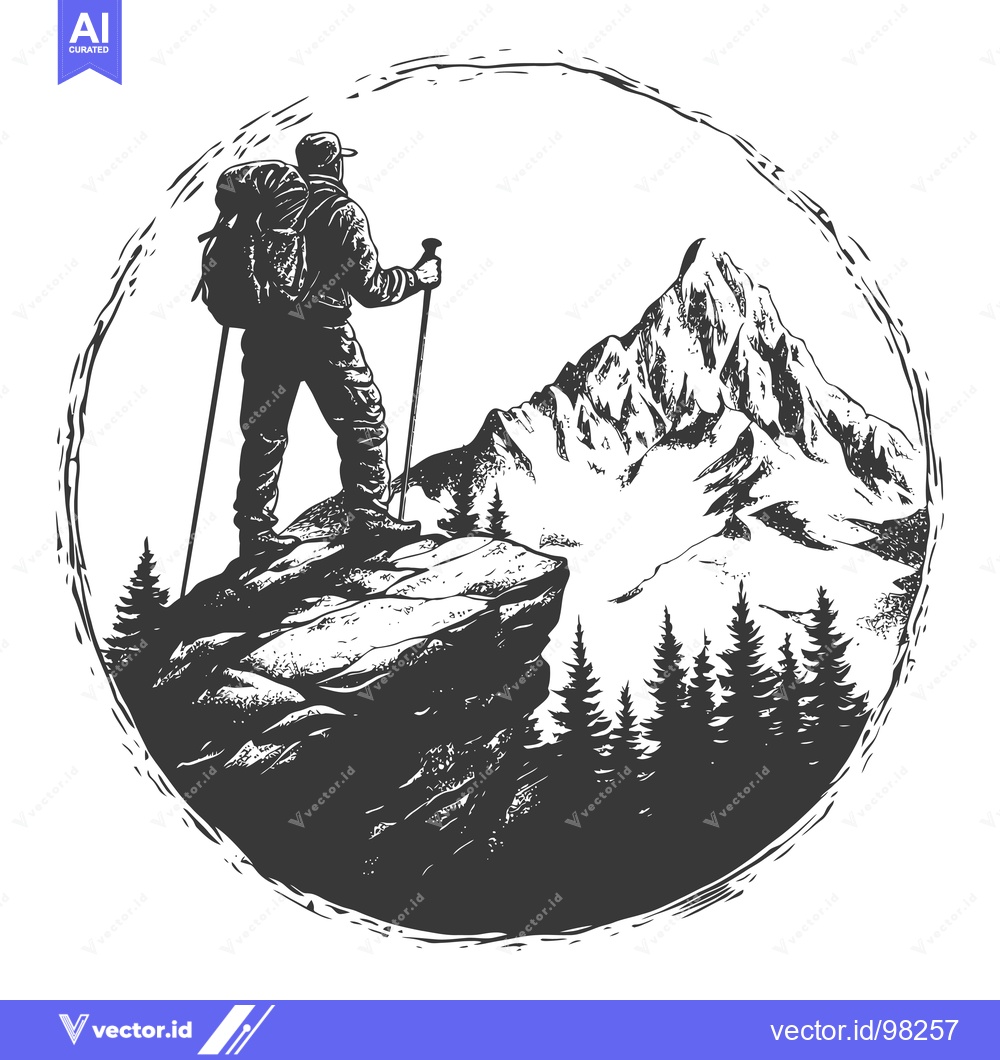 Premium Vector dari Silhouette of a hiker standing on a cliff overlooking a mountain range