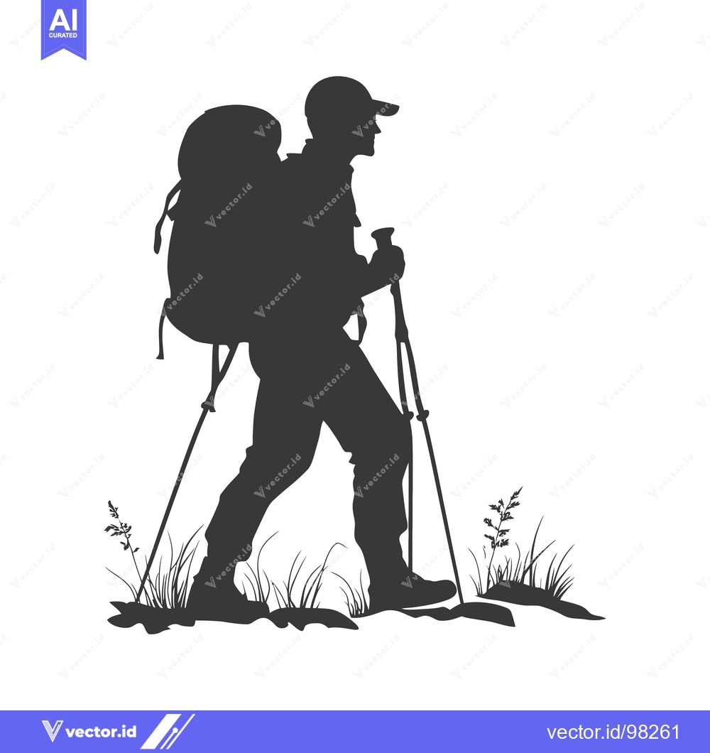 Premium Vector dari Silhouette of a hiker with a backpack and trekking poles walking in th