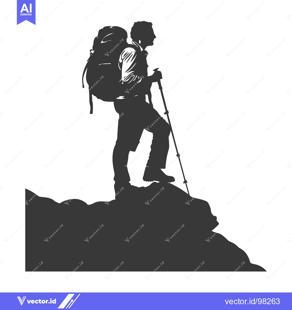 Premium Vector dari Silhouette of a hiker with a backpack standing on a mountaintop