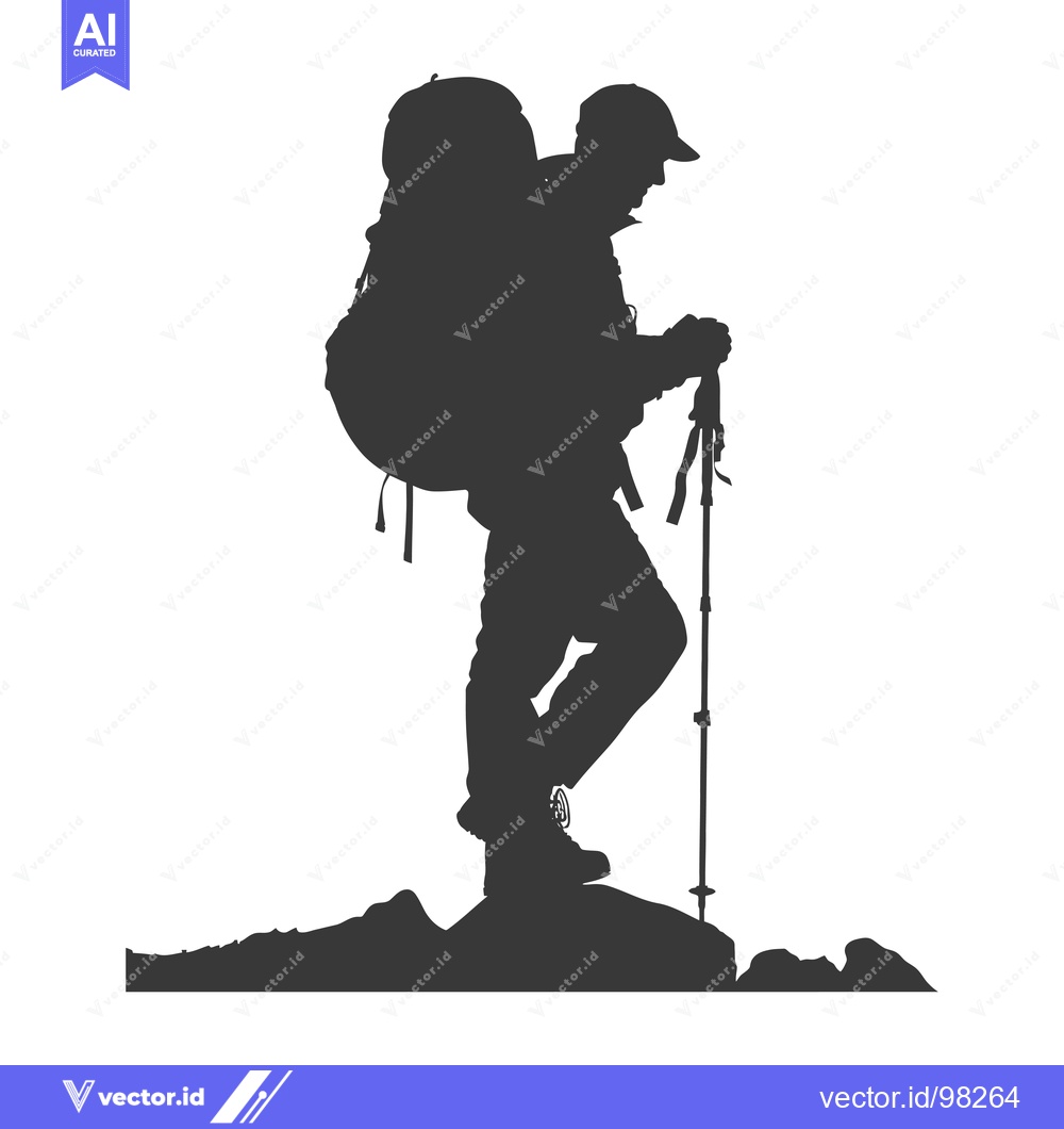 Premium Vector of Silhouette of a Hiker with Backpack and Trekking Pole on a Mountaintop