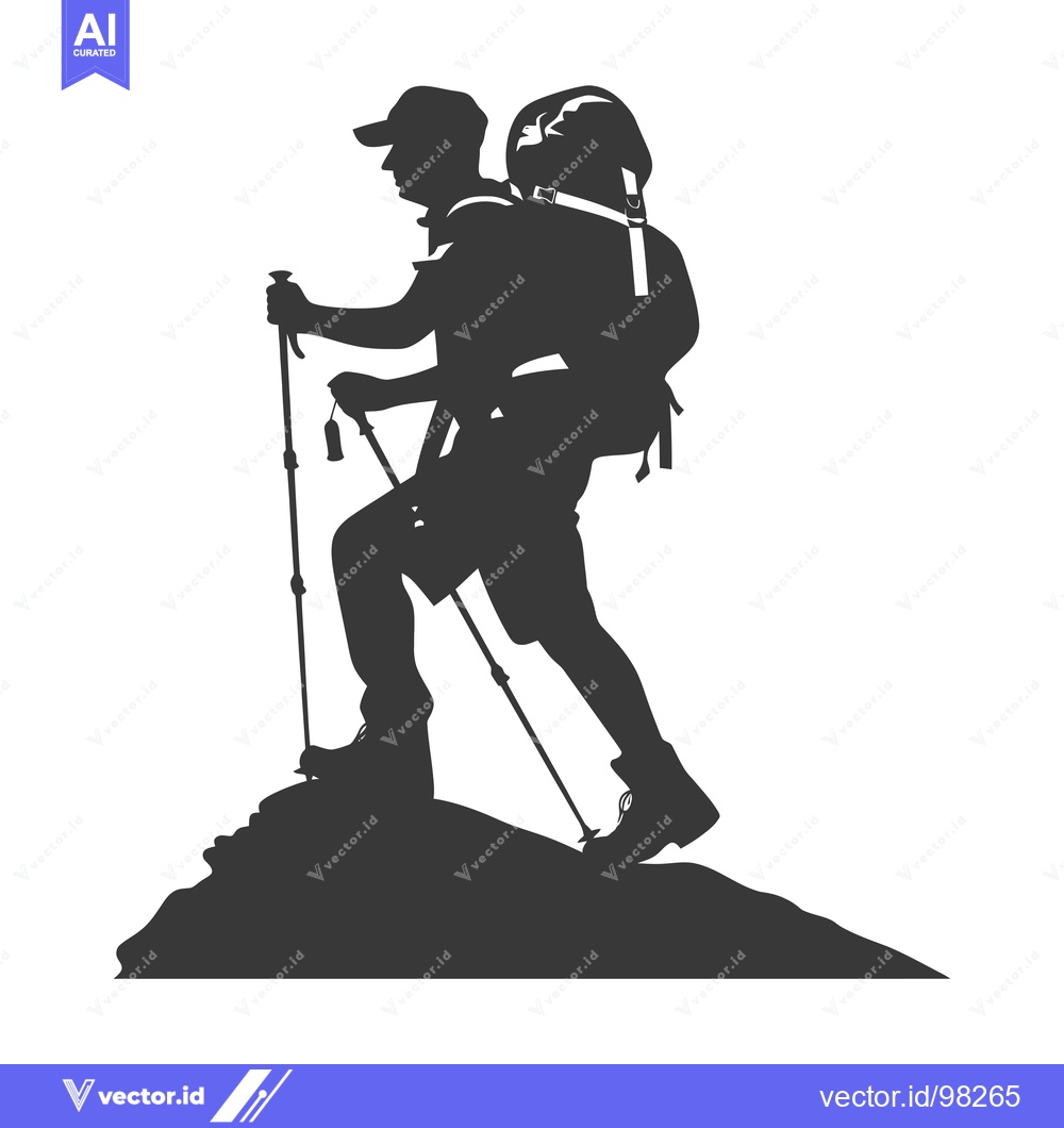 Premium Vector dari Silhouette of a hiker with backpack and trekking poles on a mountain p