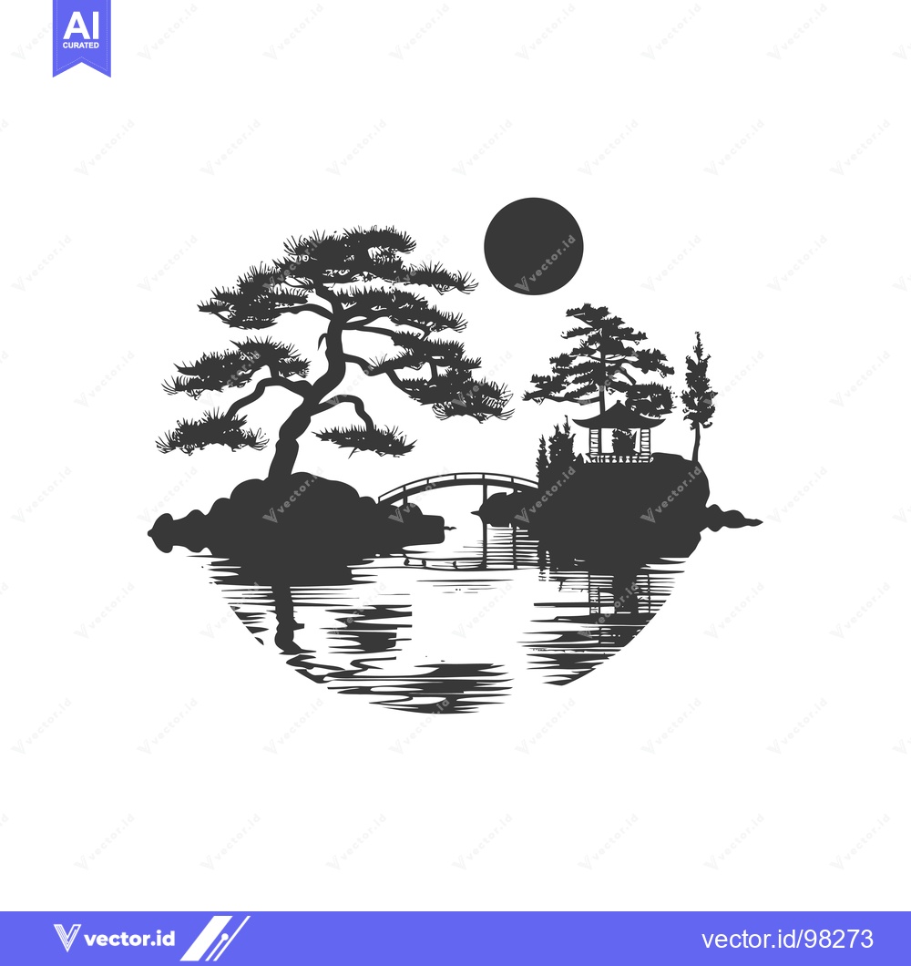 Premium Vector of Silhouette of a Japanese Garden with Trees, a Bridge, a Pagoda, and a