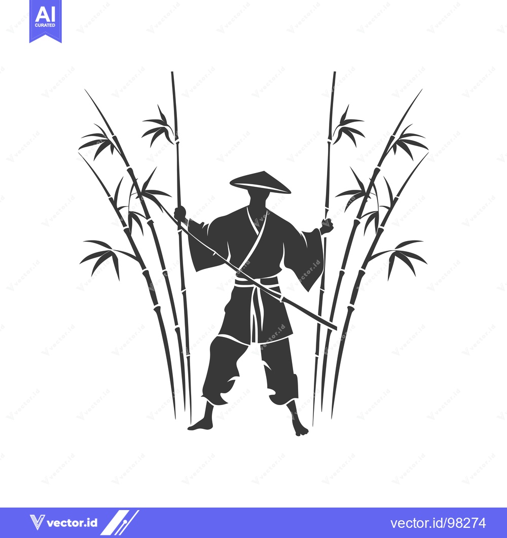 Premium Vector dari Silhouette of a Japanese Man in a Conical Hat Holding a Staff Surround